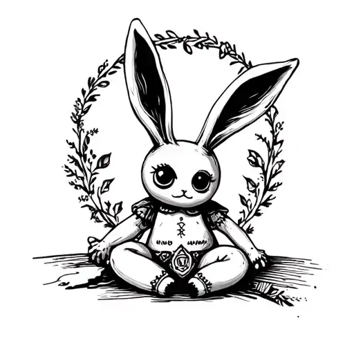 vintage bunny ear voodoo doll sitting tattoo design idea