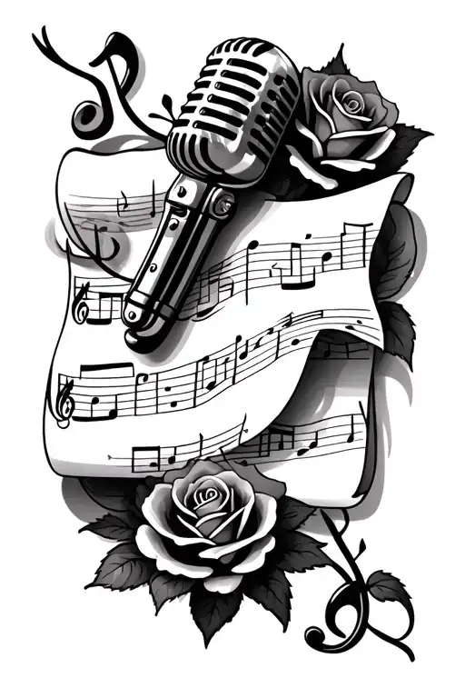 sheet music,on scroll with roses interlocked with microphone& music notes tattoo design idea