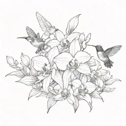 A tattoo with orchids, humming birds. 7:46am, and the last name ‘Hawkins’ tattoo design idea