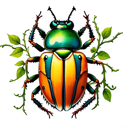 Realism style tattoo of a medium-sized beetle with natural details and shading. Delicate vines wrap around and blend wit tattoo design idea
