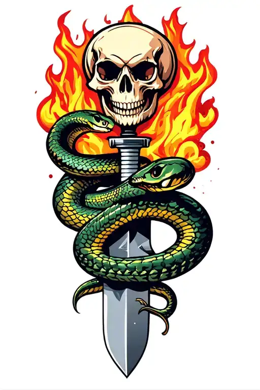 snake , skulls, fire, clouds, knife tattoo design idea