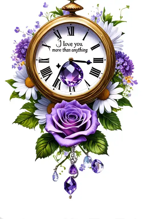 "I love you more than anything" death, life, clock, rose, violet, amethyst, daisy, moonstone tattoo design idea