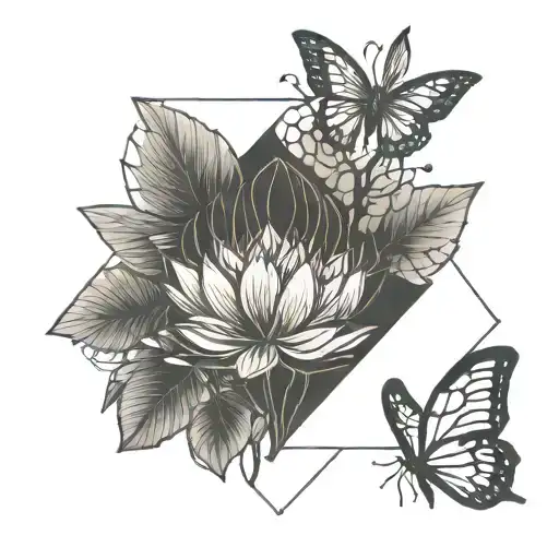 A minimalist tree of life with a lotus flower and a butterfly design tattoo design idea