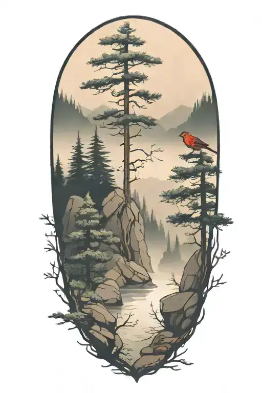 river fir trees fog dark stones trunk, robins on a tree mountains tattoo design idea