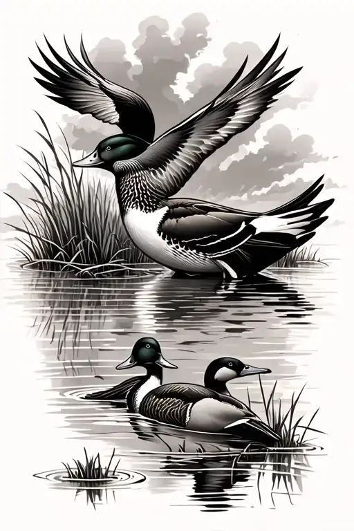 marsh duck hunting scene tattoo design idea