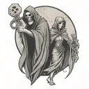 grim reaper with dice and woman posing tattoo design idea