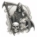 grim reaper with dice and woman posing tattoo design idea