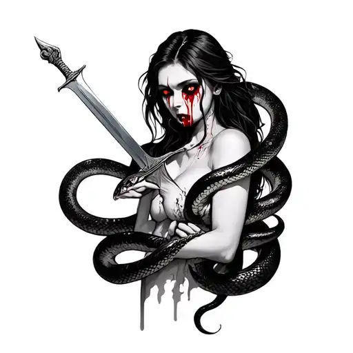 a woman with a snake wrapped around her neck, eyes bleeding, a sword down her throat tattoo design idea