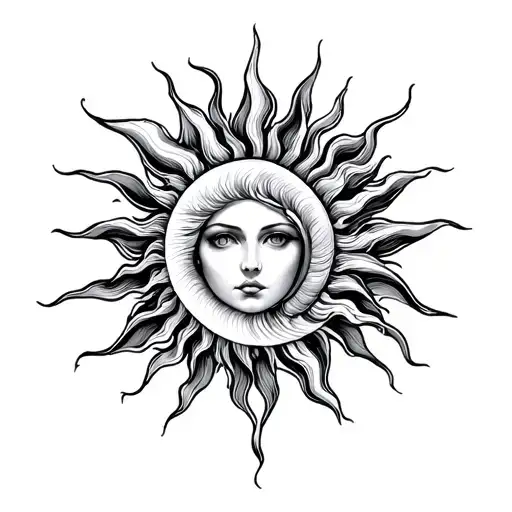 Spiral Sun head female torso tattoo design idea