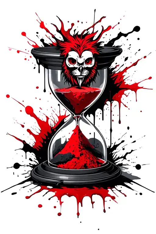 Trash polka tattoo, central cracked hourglass with red and black sand, realistic skulls and owl head, lion with red mane tattoo design idea