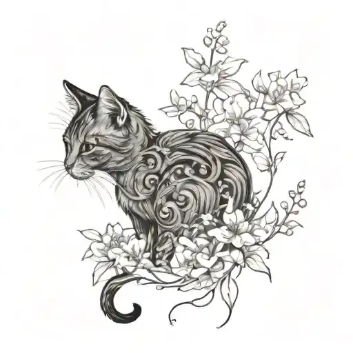 Cat only outline looks up at the forget-me-not flower as if she misses someone tattoo design idea