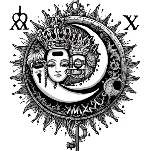 "VIII•XVI•MMXXIV" king and queen, sun and moon, lock and key, puzzle pieces tattoo design idea