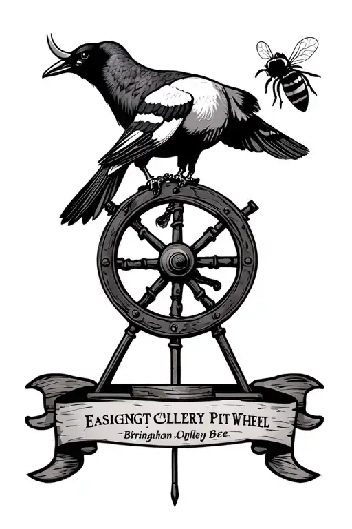 The Easington Colliery pit wheel, Birmingham bull, two magpies and the Manchester bee tattoo design idea