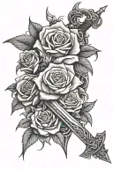 mythical sword wrapped in roses and thorns tattoo design idea