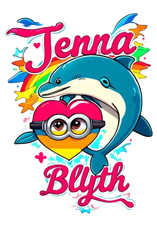"Jenna Blyth" dolphin with minion and rainbow pride heart tattoo design idea