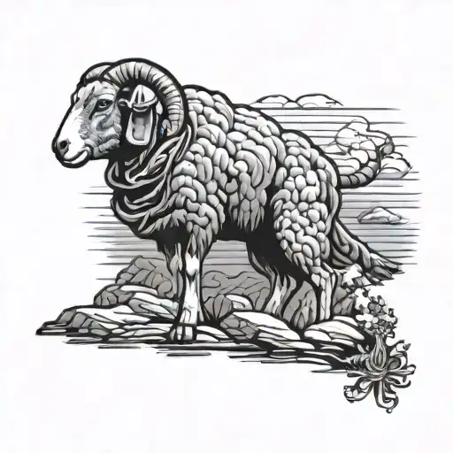 Biblical Shepard rescue a lamb on a cliff in a storm. United States marine corps emblem, digital camouflage, armor, coll tattoo design idea