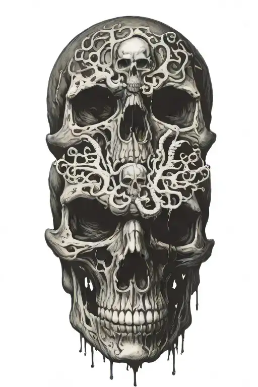 Bipolar disorder skull, top skull happy, bottom skull angry, tentacles coming down tattoo design idea