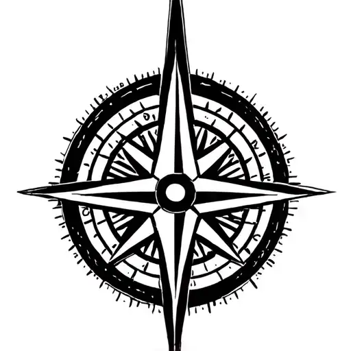 A geometric minimalist tattoo with a compass rose. A slender arrow runs vertically through the compass rose tattoo design idea