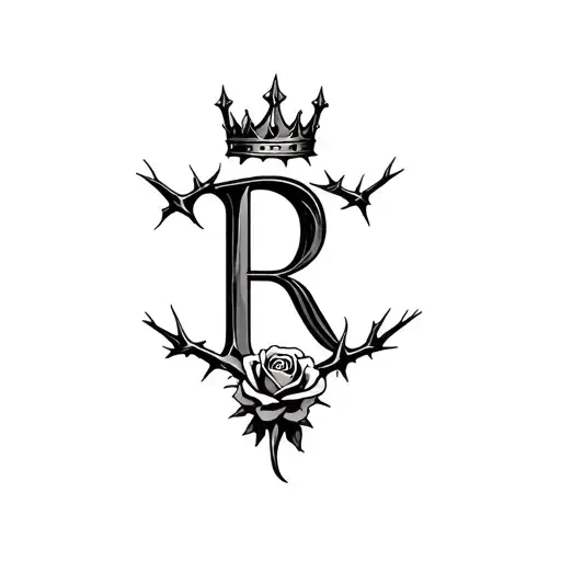 The word R, King's crown, minimalist rose with thorns, minimalist fire, black and white tattoo, minimalist and classic tattoo design idea