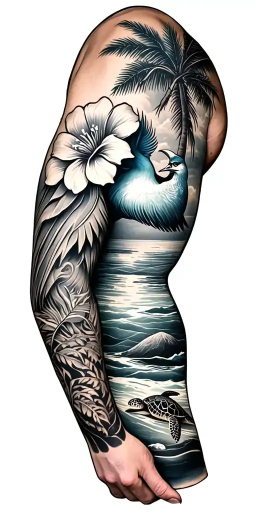 arm tribal sleeve tattoo with a proa, Guam flower, Guam bird, banyan tree, coconut tree, sea turtle, and latte stone tattoo design idea