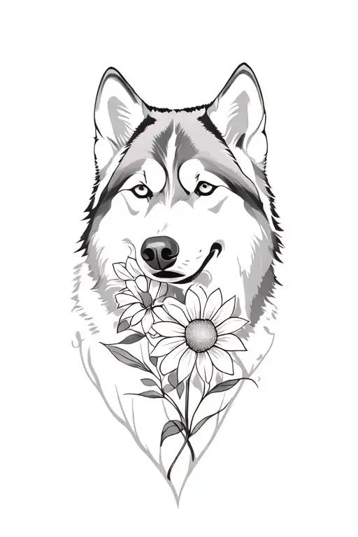 Husky Siberian protecting flowers growing tattoo design idea