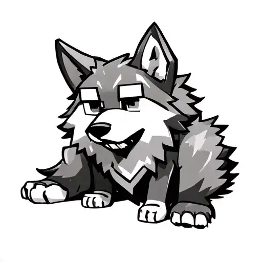 black and white Minecraft wolf sitting tattoo design idea