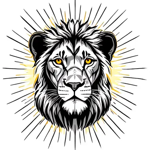 lion looking direct at me with golden eyes.  circle sun around him. sun rays.  tattoo design idea