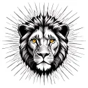 lion looking direct at me with golden eyes.  circle sun around him. sun rays.  tattoo design idea