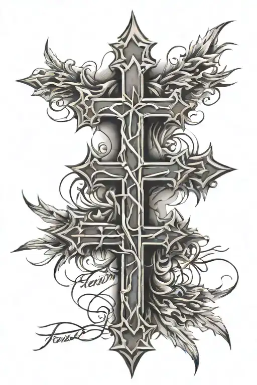 3 crosses with "family over everything" written tattoo design idea