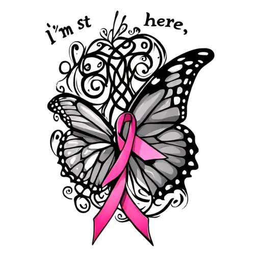 "I’m still here" "I’m still here" side view of Celtic butterfly with breast cancer ribbon flowing and text  tattoo design idea
