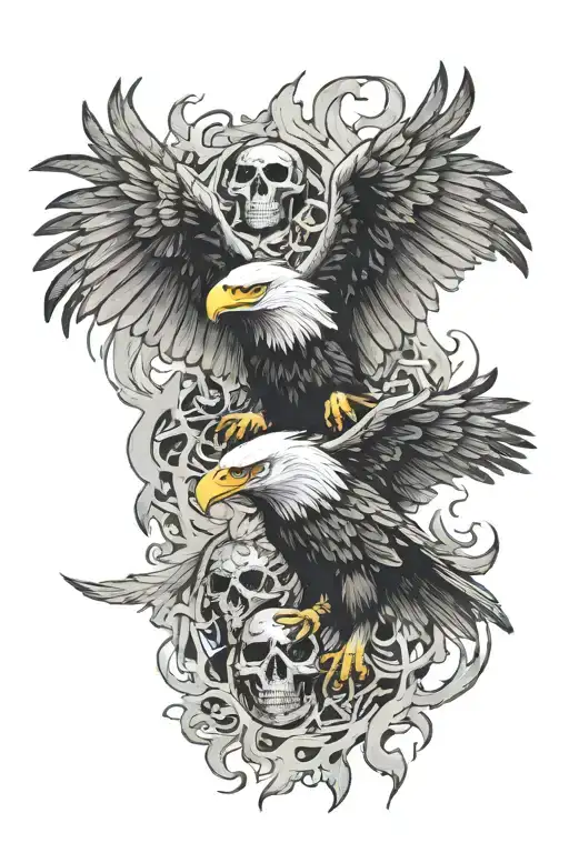 eagle surrounded by flames and skulls facing each other tattoo design idea