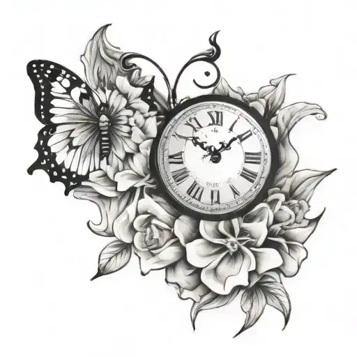 BUTTERFLY FLOWER CLOCK tattoo design idea