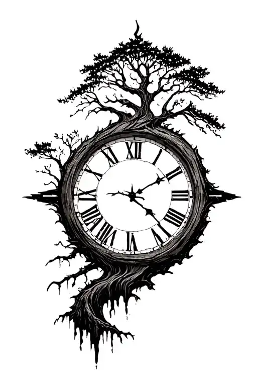 A rustic clock split halfway with an old tree going through it, and the bottom of it has a river flow. Then the top has  tattoo design idea
