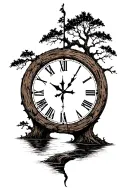 A rustic clock split halfway with an old tree going through it, and the bottom of it has a river flow. Then the top has  tattoo design idea