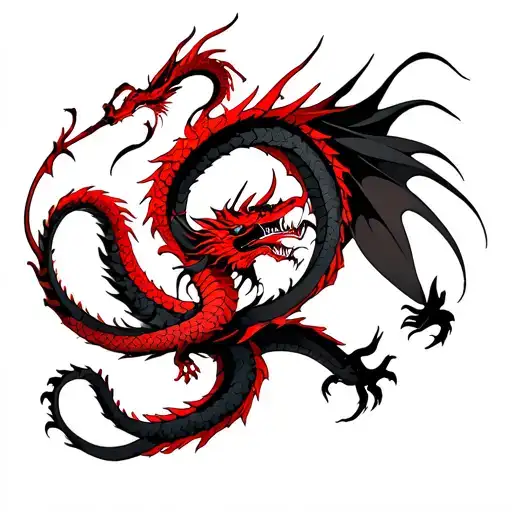 Red dragon wrap around on left arm then a black dragon wrapping around the rights side then they connect on the back  tattoo design idea