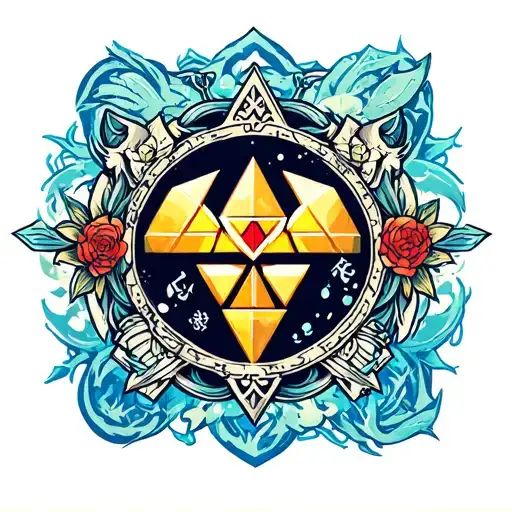 legend of zelda tri force with all elements from Ocarina of Time tattoo design idea