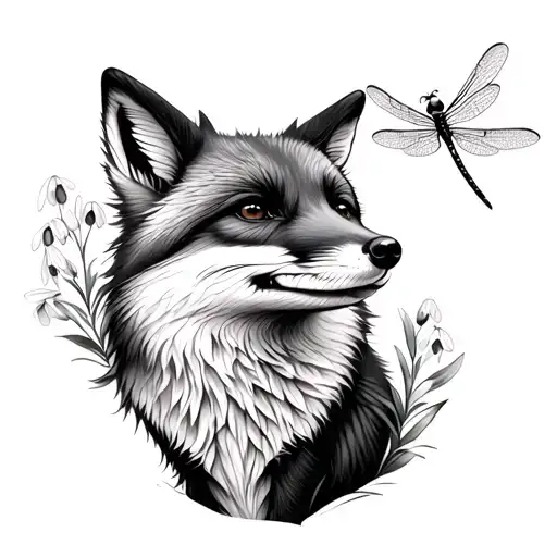 fox looking up at dragonfly with snowdrops flowers tattoo design idea