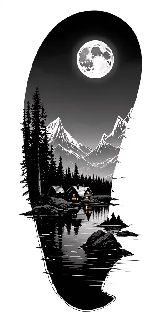 moon over Forest skyline, cabin on lake tattoo design idea