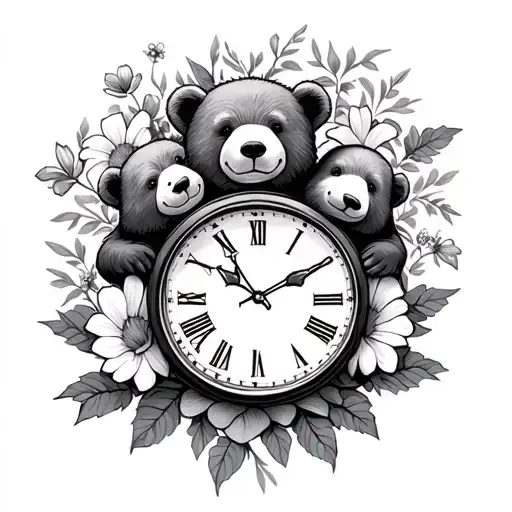 flowers and 3 clocks and bears holding the clocks tattoo design idea