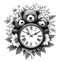 flowers and 3 clocks and bears holding the clocks tattoo design idea