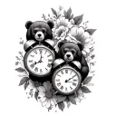 flowers and 3 clocks and bears holding the clocks tattoo design idea