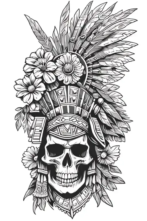 aztec warrior, skull, flower, colombia flag intertwined colour tattoo design idea