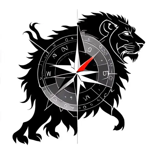 lion split with a compass with each quarter depicting the 4 seasons tattoo design idea