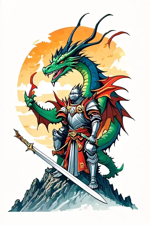 dragon on castle peak with knight standing below with sword out  tattoo design idea