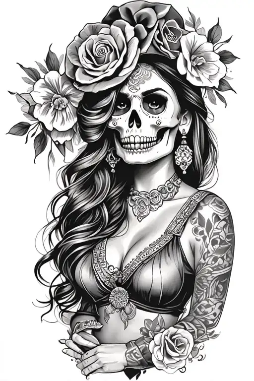 candy skull chicano gangster woman style sleeve tattoo tattoo design idea