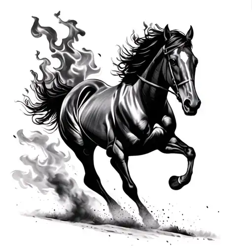 make a race horse running away on fire on the left chest pec towards the shoulder tattoo design idea