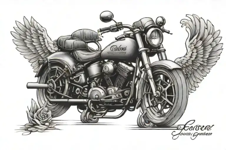 a motorcycle that reads "never ride faster than your guardian angel, unless you can outrun death as well" tattoo design idea