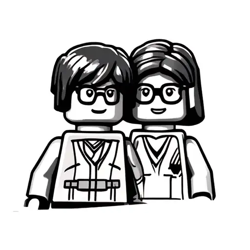 lego man short hair glasses and woman middle hair with glasses on her head in love together  tattoo design idea