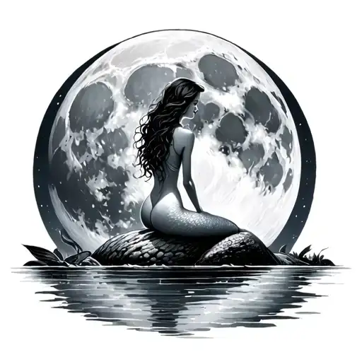 landscape with a mermaid sitting on a rock, with her back looking at a huge full moon in front of her. black and gray drawing tattoo design idea