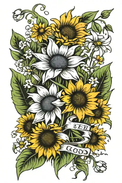 wildflower boquet with sunflower and snowdrop flower with saying see the good  tattoo design idea